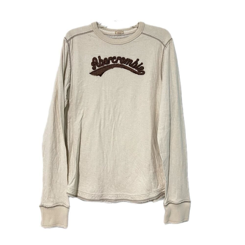 Vtg Abercrombie & Fitch Shirt Men L Cream Long Sleeve Crewneck Muscle Patch Logo